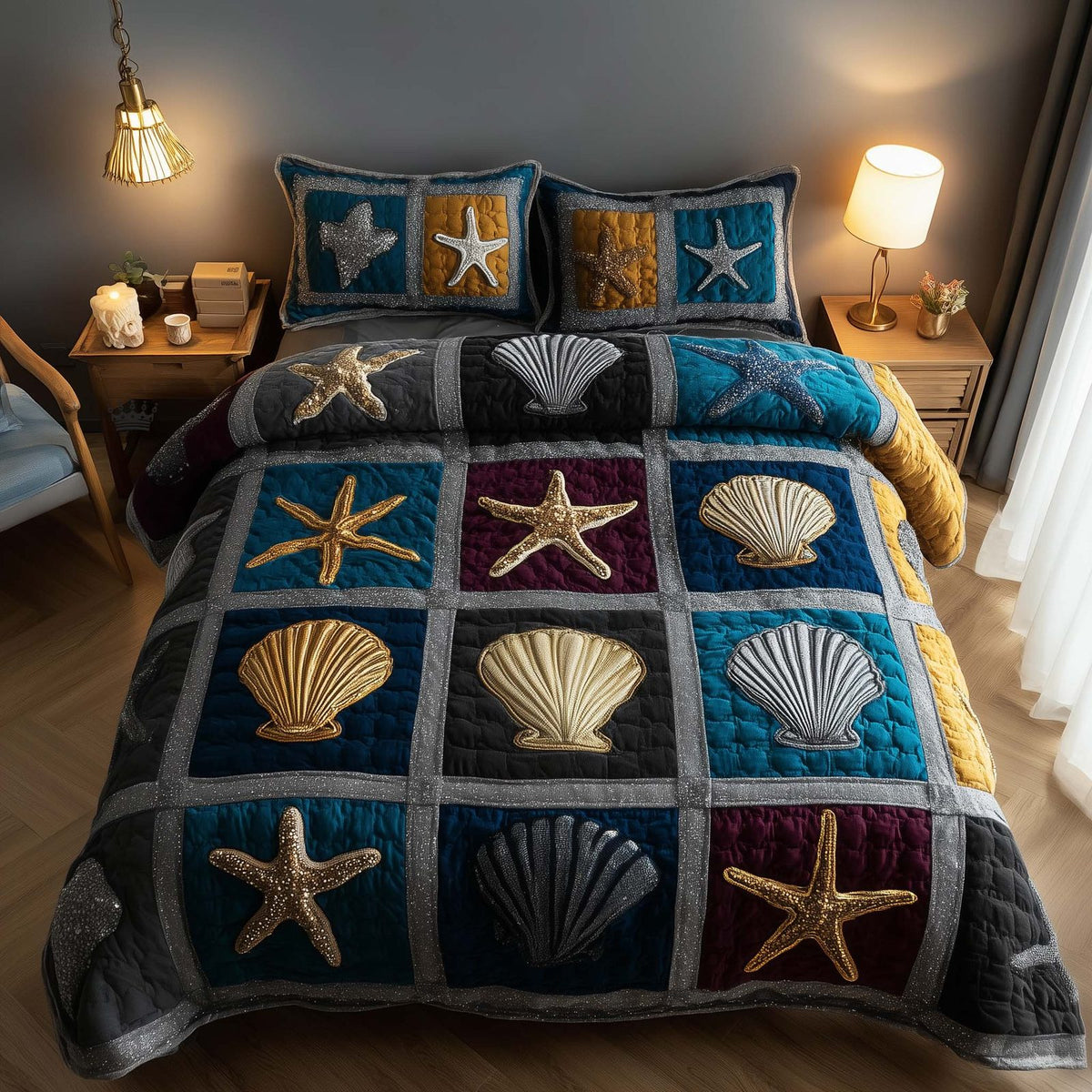 Shoreline Gems quilted 3-piece bedding set on a made bed in a light coastal bedroom