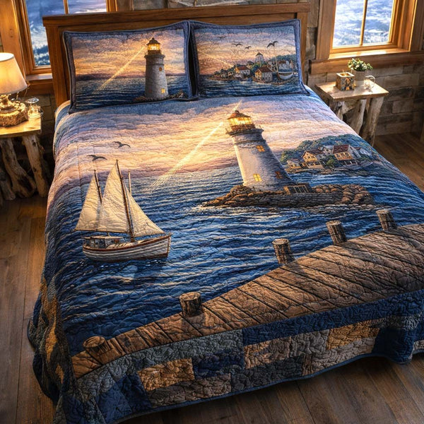 Shoreline Glow quilted 3-piece bedding set on a made bed in a light coastal bedroom