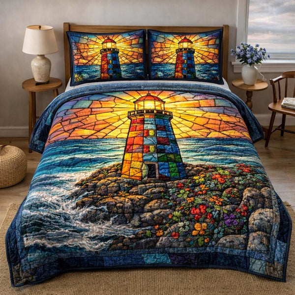 Shoreline Glow quilted 3-piece bedding set on a made bed in a light coastal bedroom