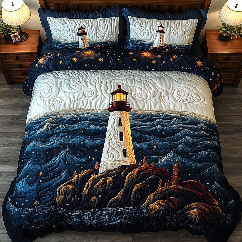 Shoreline Guardian quilted 3-piece bedding set on a made bed in a light coastal bedroom