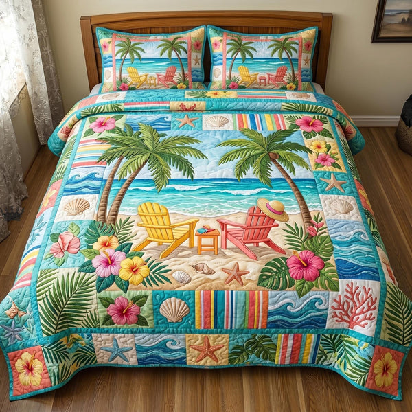 Shoreline Serenity quilted 3-piece bedding set on a made bed in a light coastal bedroom