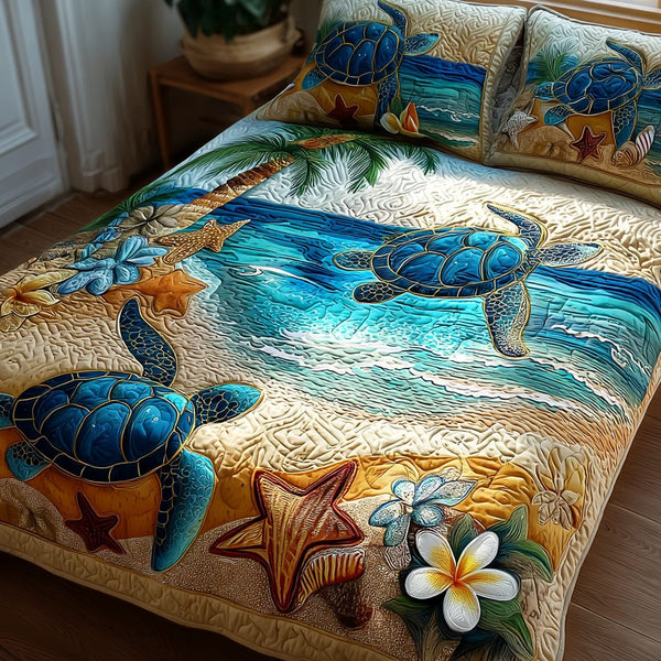 Shoreline Serenity quilted 3-piece bedding set on a made bed in a light coastal bedroom