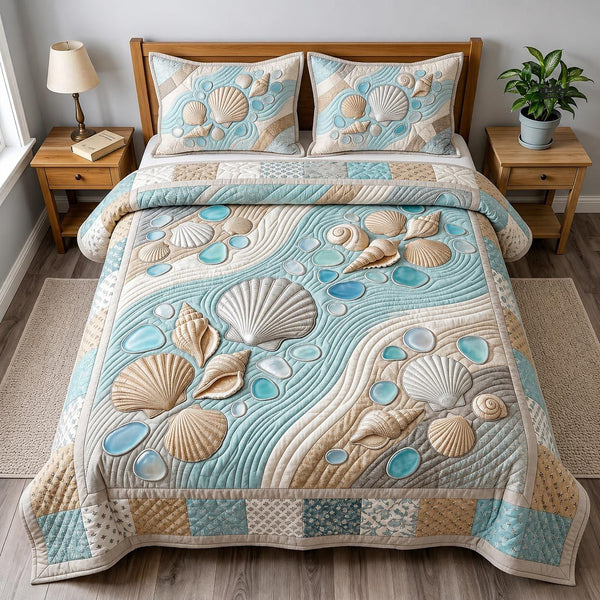 Shoreline Whisper quilted 3-piece bedding set on a made bed in a light coastal bedroom