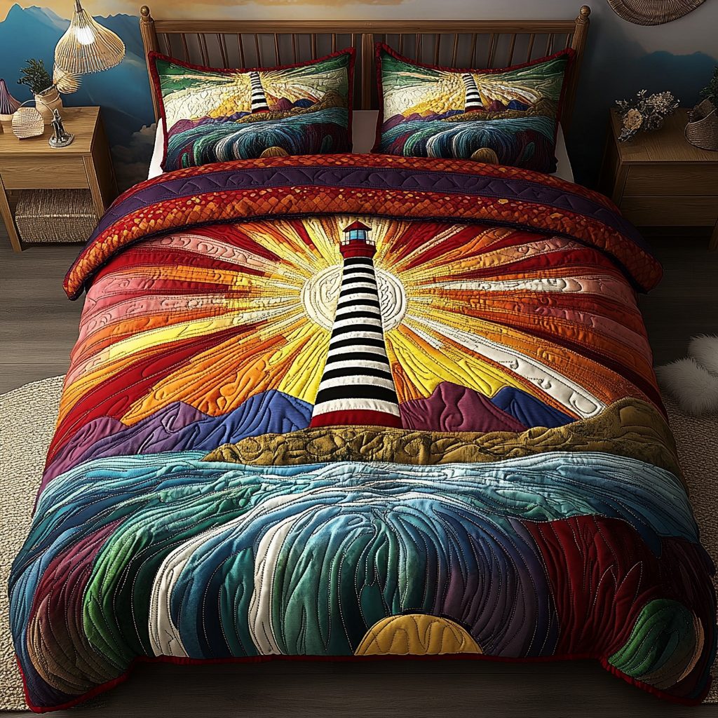 Shoreside Sentinel quilted 3-piece bedding set on a made bed in a light coastal bedroom