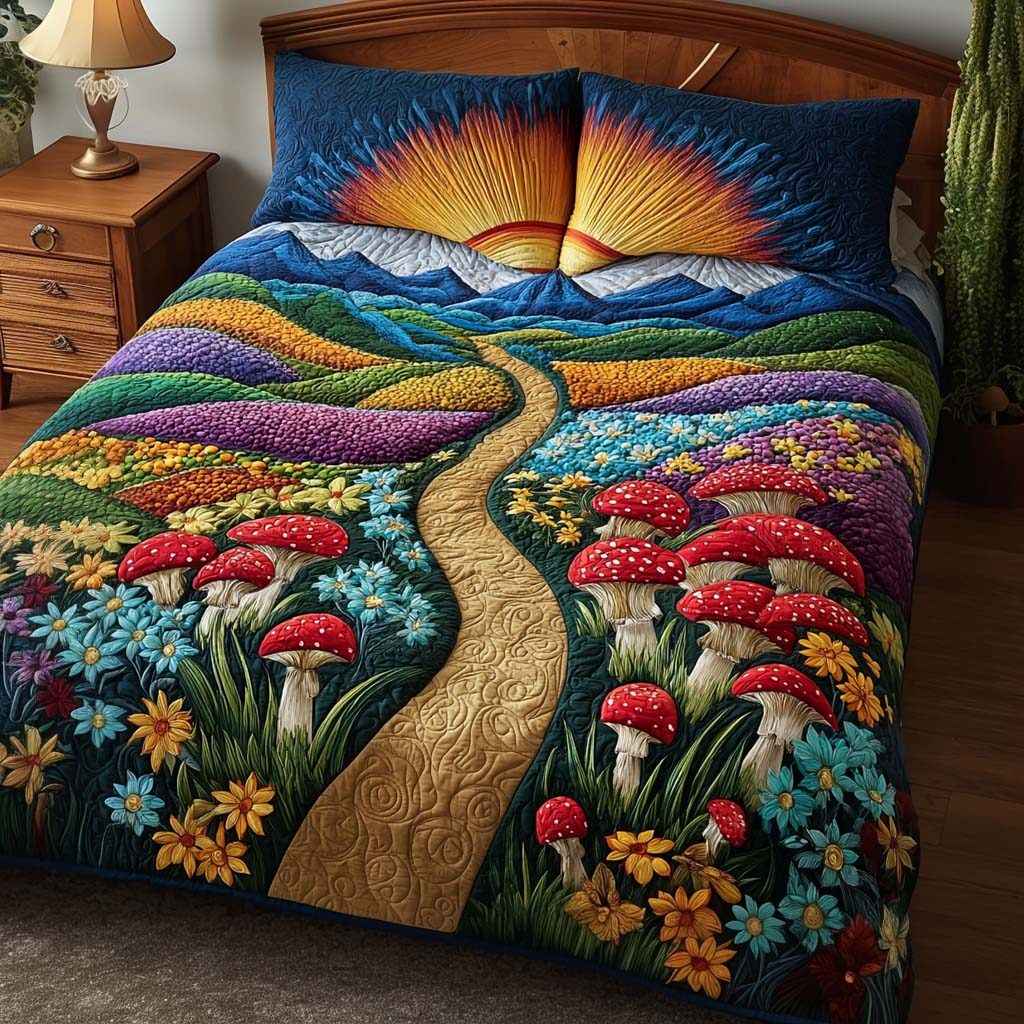 Shroom Bloom quilted 3-piece bedding set on a made bed with two matching pillow shams