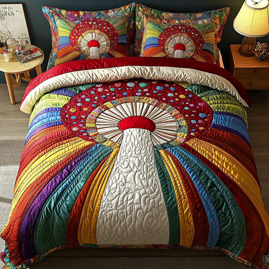 Shroom Bloom quilted 3-piece bedding set on a made bed with two matching pillow shams