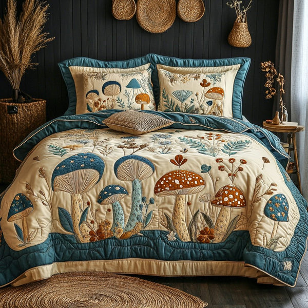Shroom Garden quilted 3-piece bedding set on a made bed with two matching pillow shams