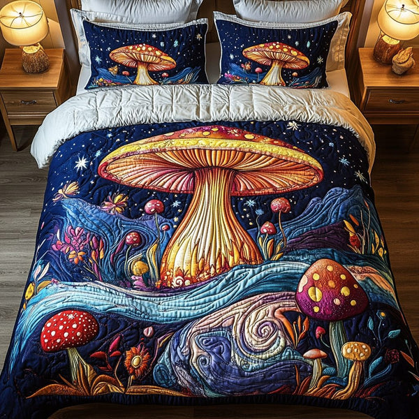 Shroom Glow quilted 3-piece bedding set on a made bed with two matching pillow shams