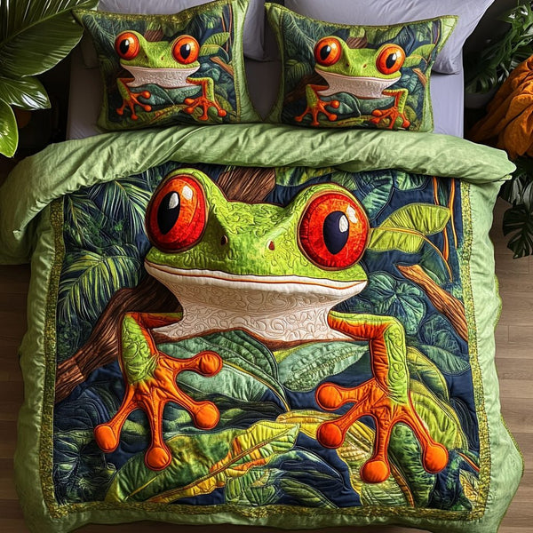 Shroom Sanctuary quilted 3-piece bedding set on a made bed with two matching pillow shams