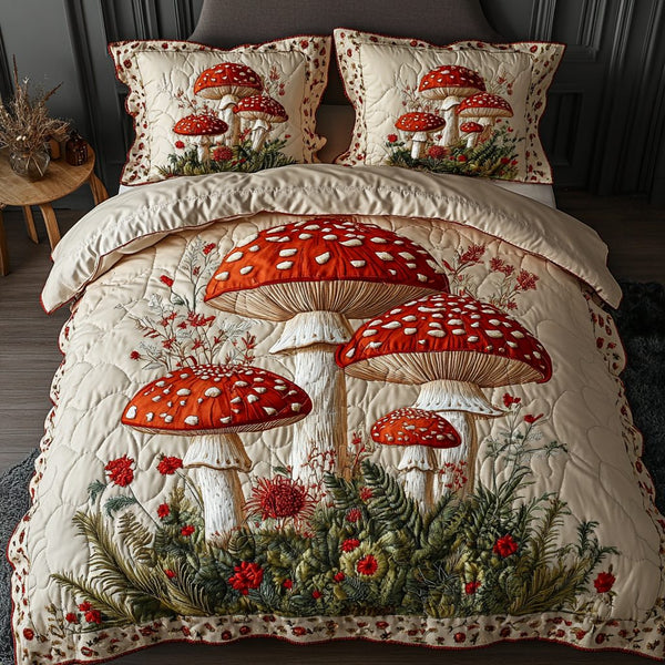 Shroom Serenity quilted 3-piece bedding set on a made bed with two matching pillow shams