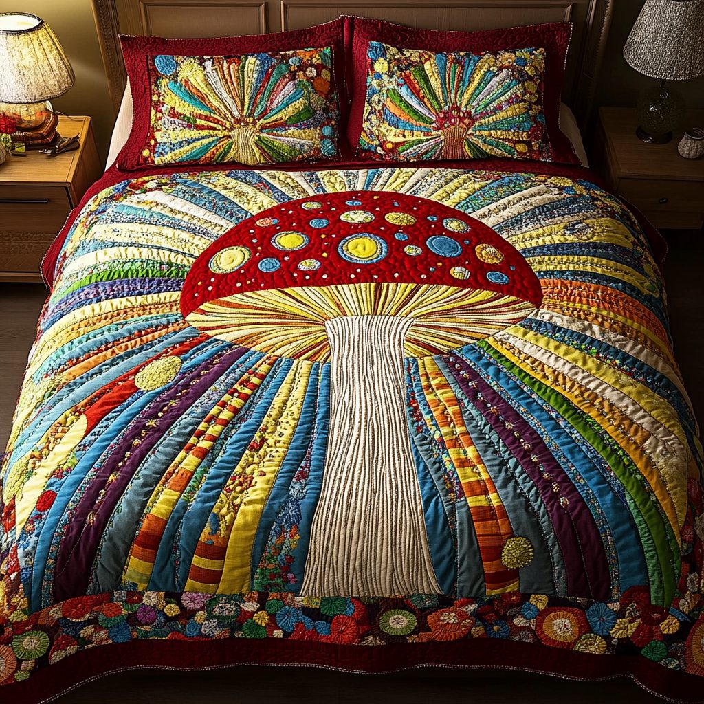 Shroom Serenity quilted 3-piece bedding set on a made bed with two matching pillow shams
