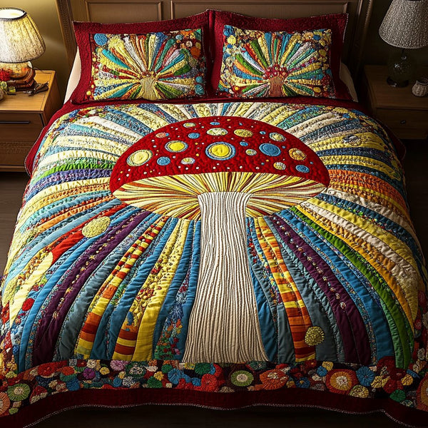 Shroom Serenity quilted 3-piece bedding set on a made bed with two matching pillow shams