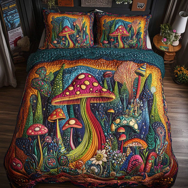Shroom Spirit quilted 3-piece bedding set on a made bed with two matching pillow shams