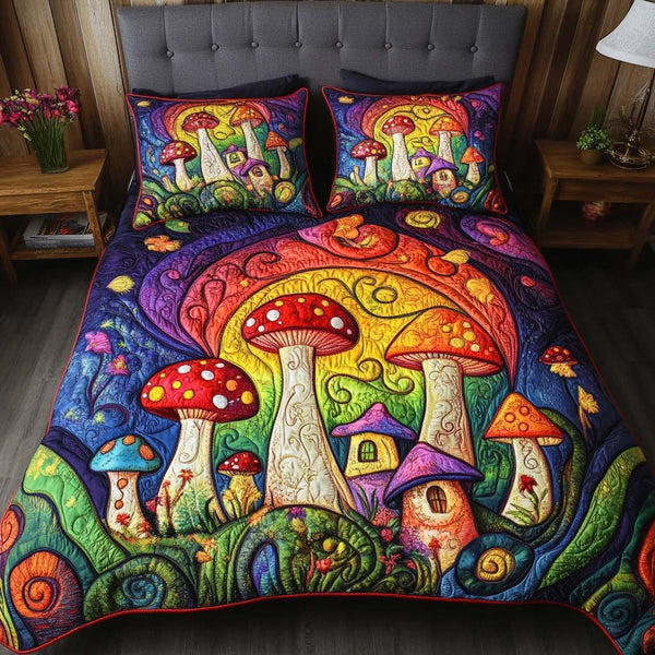 Shroomy Shelter quilted 3-piece bedding set on a made bed with two matching pillow shams