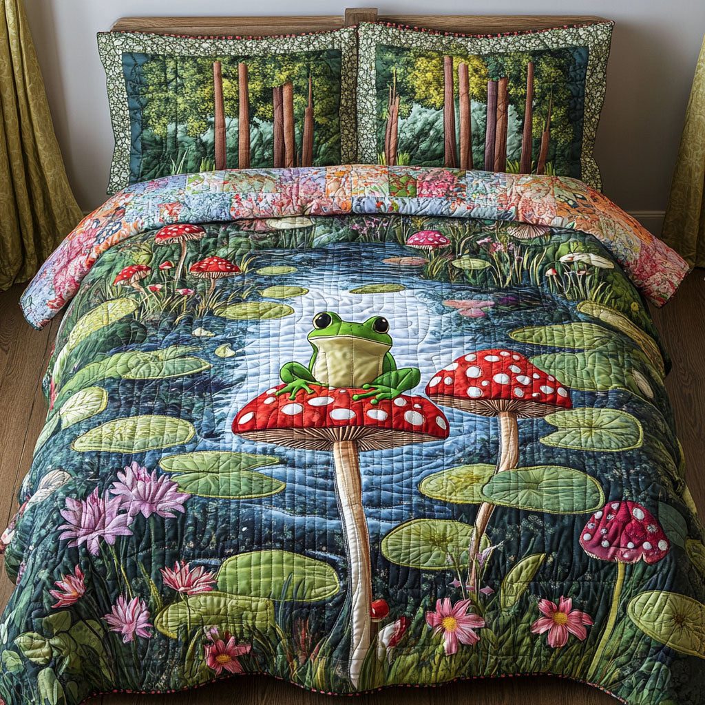 Shroomy Vibes quilted 3-piece bedding set on a made bed with two matching pillow shams