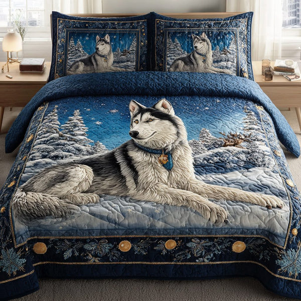 Siberian Husky Love quilted 3-piece bedding set on a made bed with two matching pillow shams