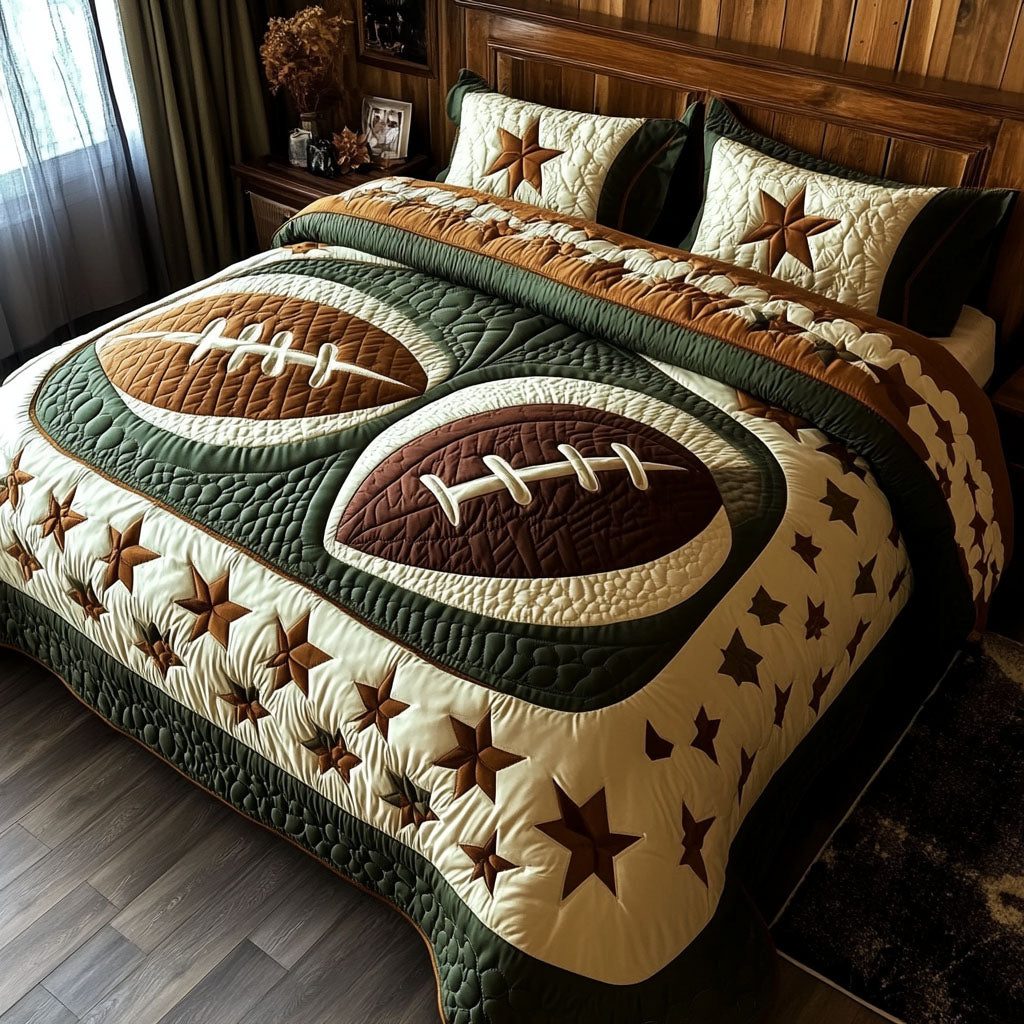 Sideline Chic quilted 3-piece bedding set on a made bed with two matching pillow shams