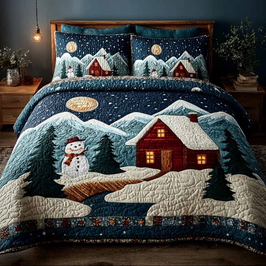 Silent Cabin quilted 3-piece bedding set on a made bed with two matching pillow shams