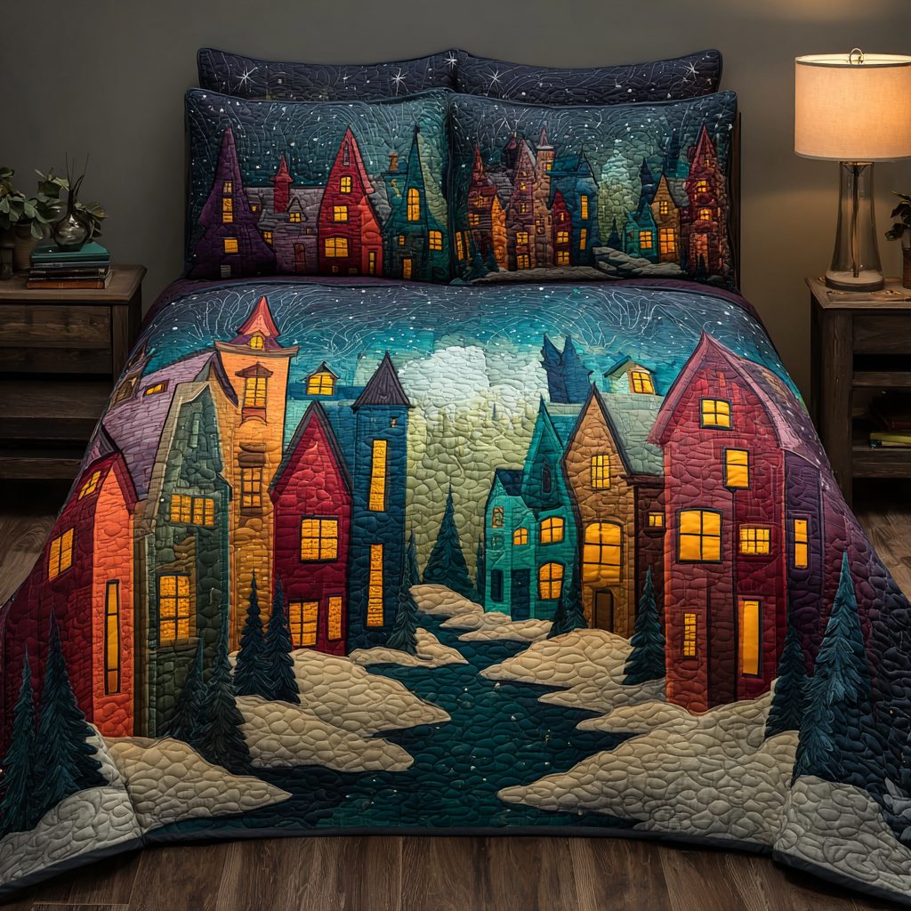 Silent Cabin quilted 3-piece bedding set on a made bed with two matching pillow shams
