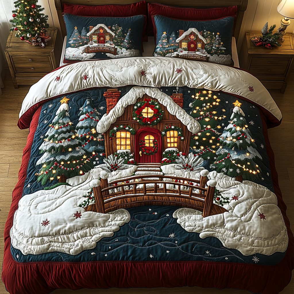 Silent Cabin quilted 3-piece bedding set on a made bed with two matching pillow shams