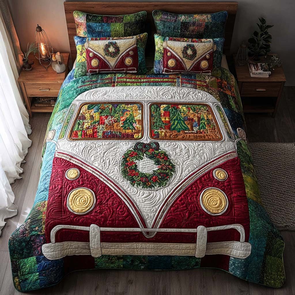 Silent Camp Night quilted 3-piece bedding set on a made bed with two matching pillow shams