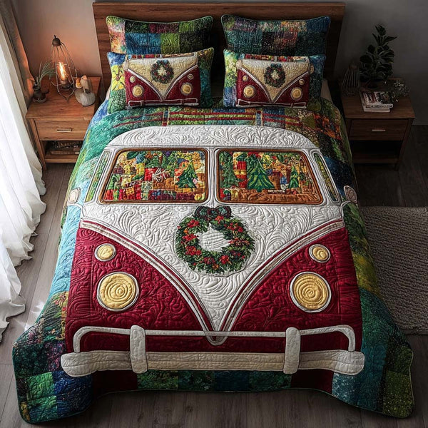 Silent Camp Night quilted 3-piece bedding set on a made bed with two matching pillow shams
