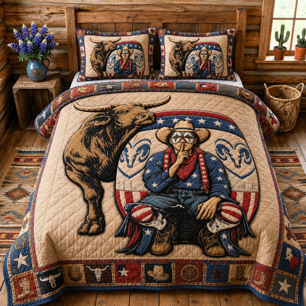 Silent Cowboy Texas quilted 3-piece bedding set on a made bed in a rustic timber bedroom