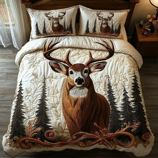 Silent Deer quilted 3-piece bedding set on a made bed with two matching pillow shams