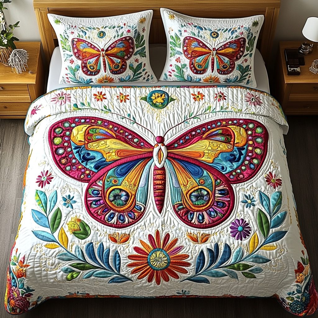 Silent Flight quilted 3-piece bedding set on a made bed with two matching pillow shams