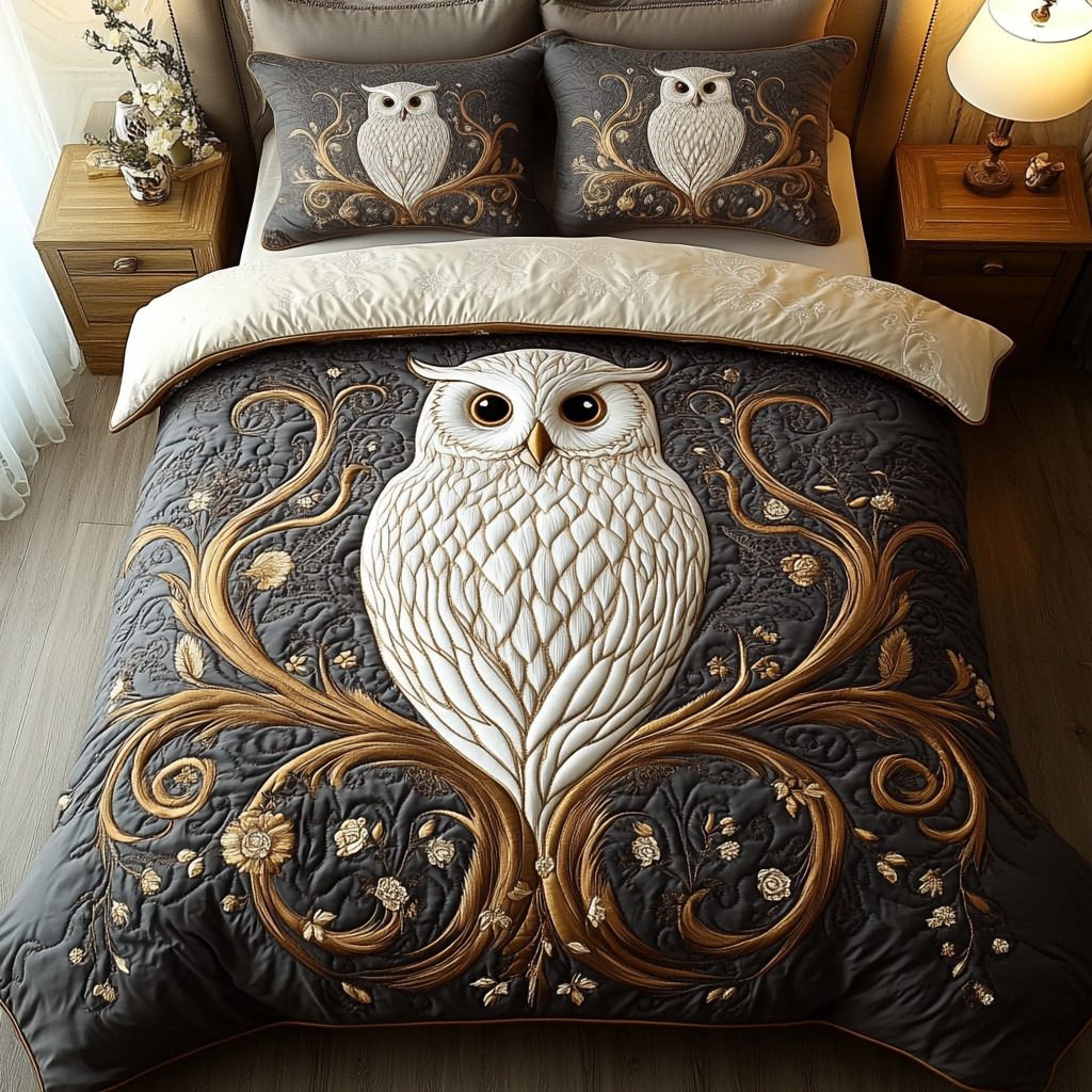 Silent Flyer quilted 3-piece bedding set on a made bed with two matching pillow shams