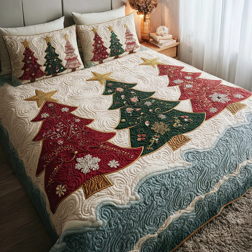 Silent Forest quilted 3-piece bedding set on a made bed with two matching pillow shams