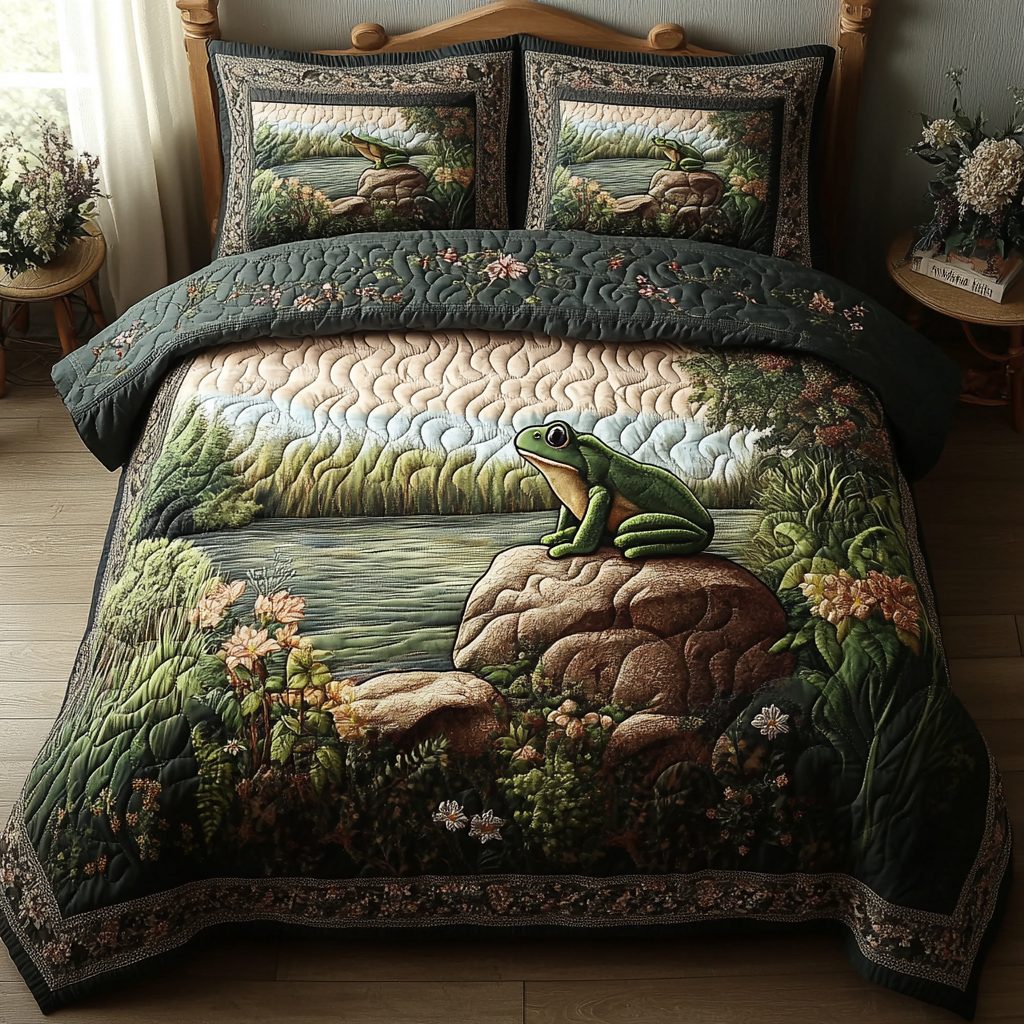 Silent Frog quilted 3-piece bedding set on a made bed with two matching pillow shams