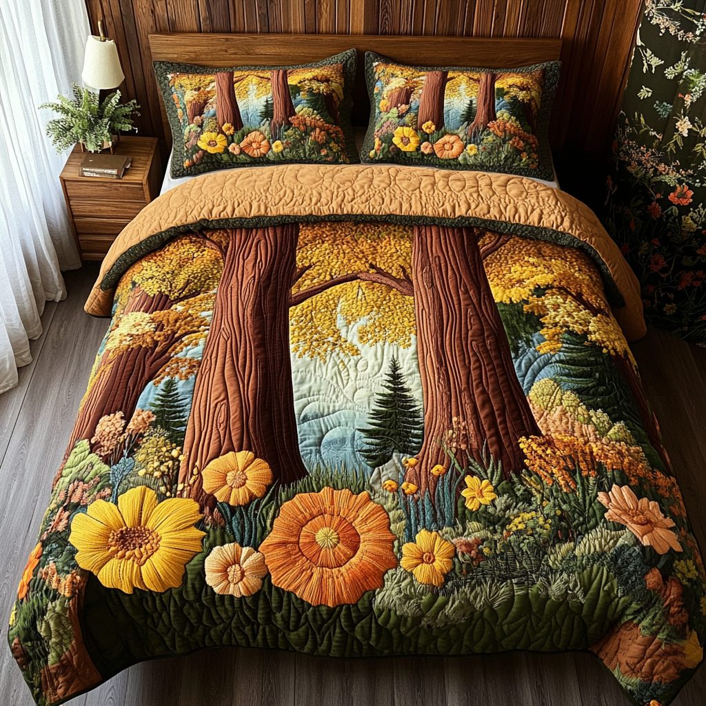 Silent Giants quilted 3-piece bedding set on a made bed with two matching pillow shams