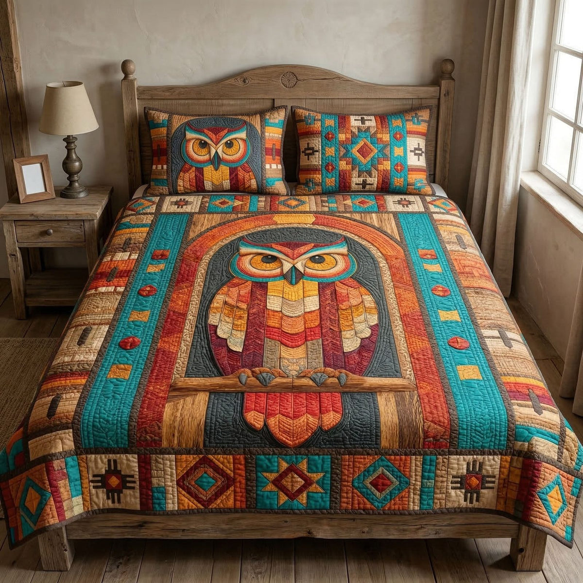 Silent Guardian quilted 3-piece bedding set on a made bed with two matching pillow shams