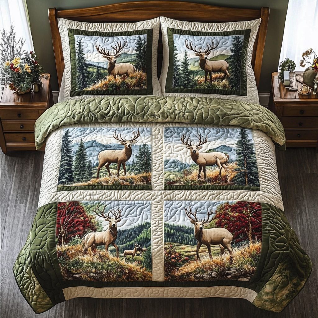 Silent Hooves quilted 3-piece bedding set on a made bed with two matching pillow shams