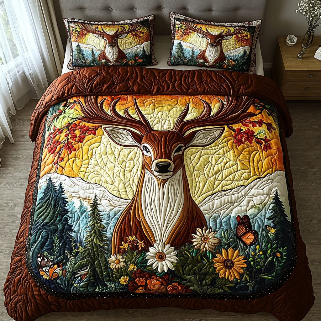 Silent Hooves quilted 3-piece bedding set on a made bed with two matching pillow shams