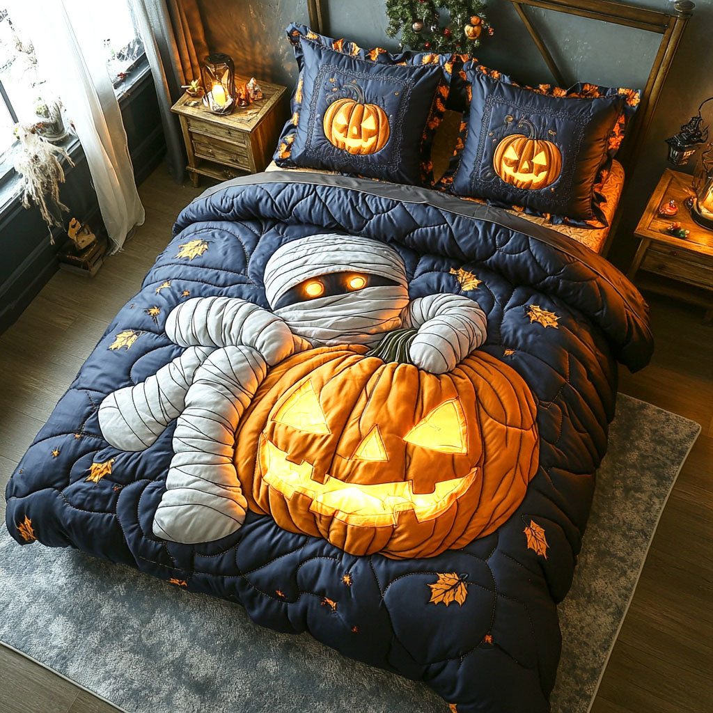 Silent Horror quilted 3-piece bedding set on a made bed with two matching pillow shams