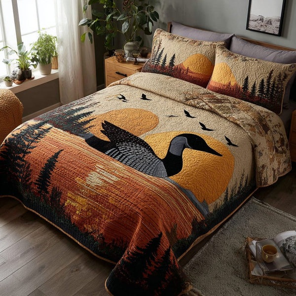 Silent Loon quilted 3-piece bedding set on a made bed with two matching pillow shams