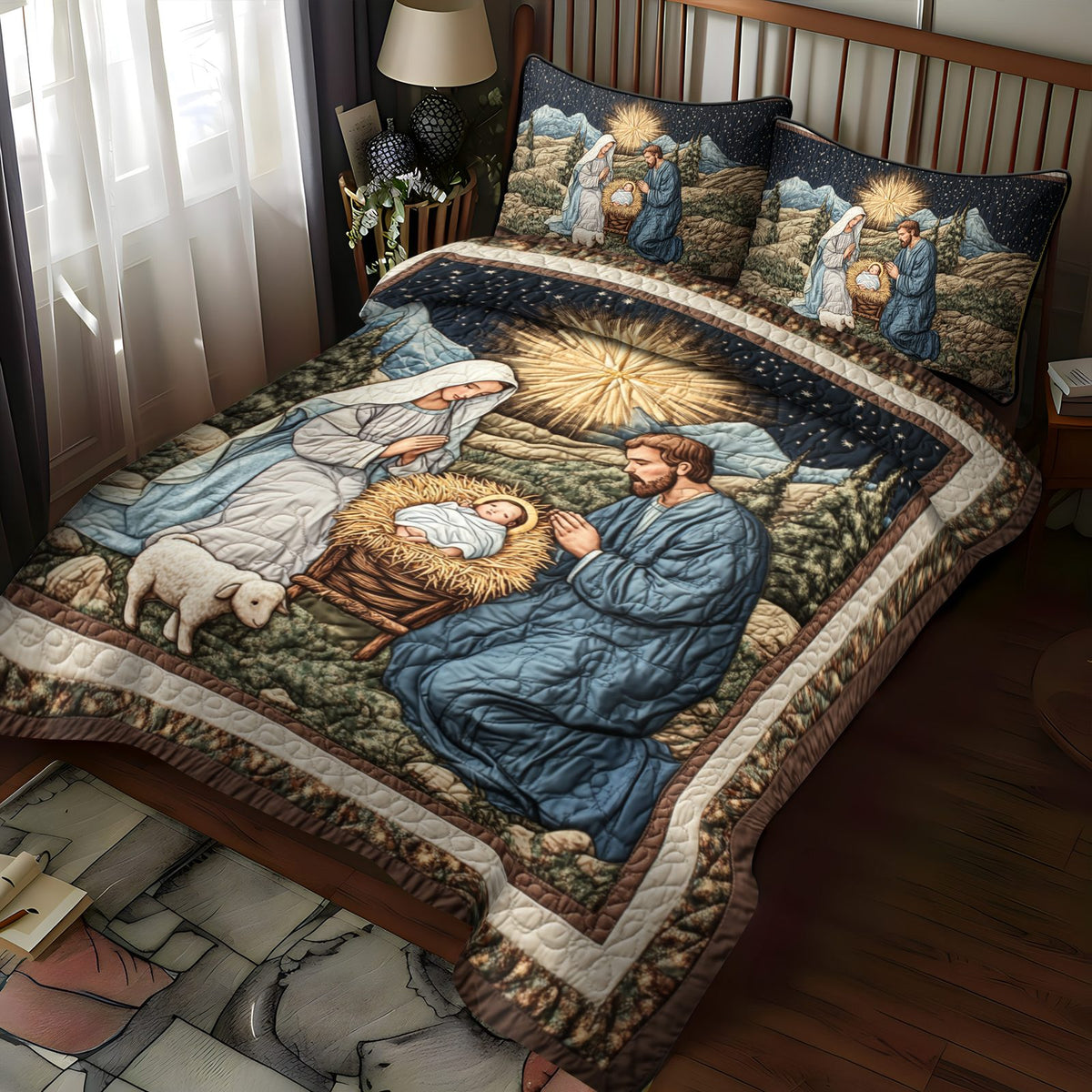Silent Night Blessings quilted 3-piece bedding set on a made bed with two matching pillow shams