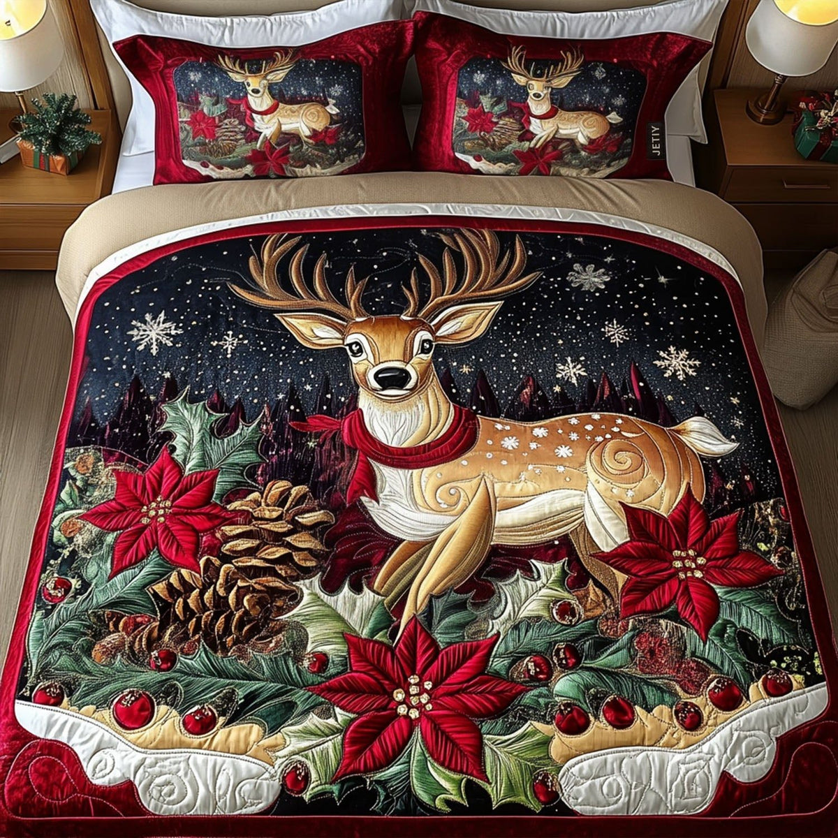 Silent Night Charm quilted 3-piece bedding set on a made bed with two matching pillow shams