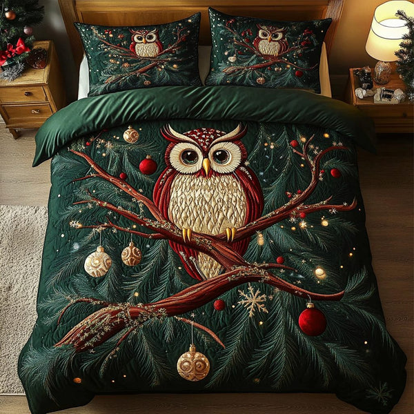Silent Night Owl quilted 3-piece bedding set on a made bed with two matching pillow shams