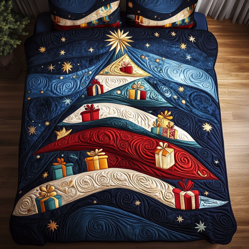 Silent Night Pines quilted 3-piece bedding set on a made bed with two matching pillow shams