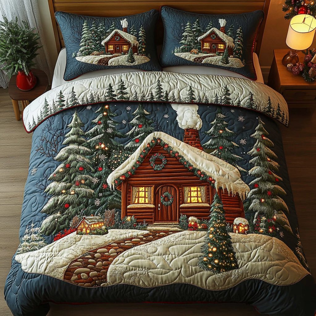 Silent Night quilted 3-piece bedding set on a made bed with two matching pillow shams