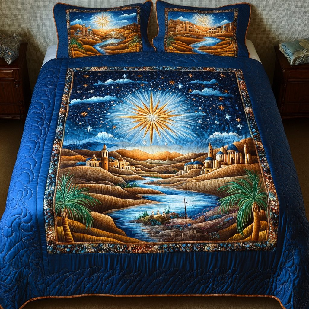 Silent Night quilted 3-piece bedding set on a made bed with two matching pillow shams