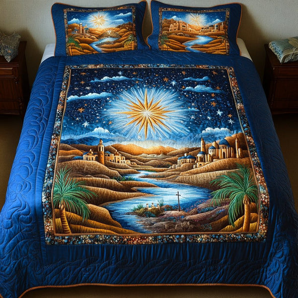 Silent Night quilted 3-piece bedding set on a made bed with two matching pillow shams