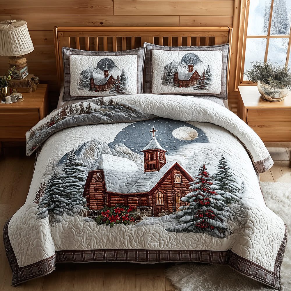 Silent Night Sanctuary quilted 3-piece bedding set on a made bed with two matching pillow shams