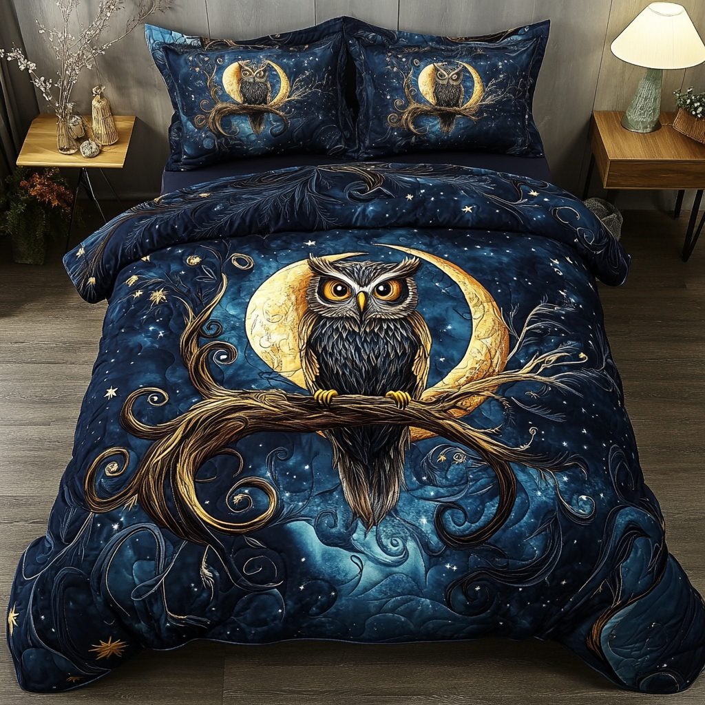Silent Observer quilted 3-piece bedding set on a made bed with two matching pillow shams