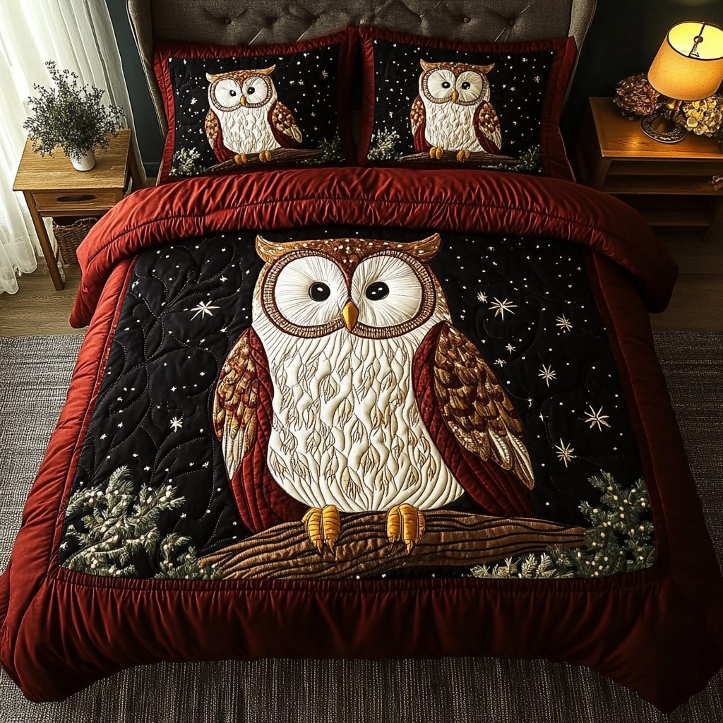 Silent Observer quilted 3-piece bedding set on a made bed with two matching pillow shams