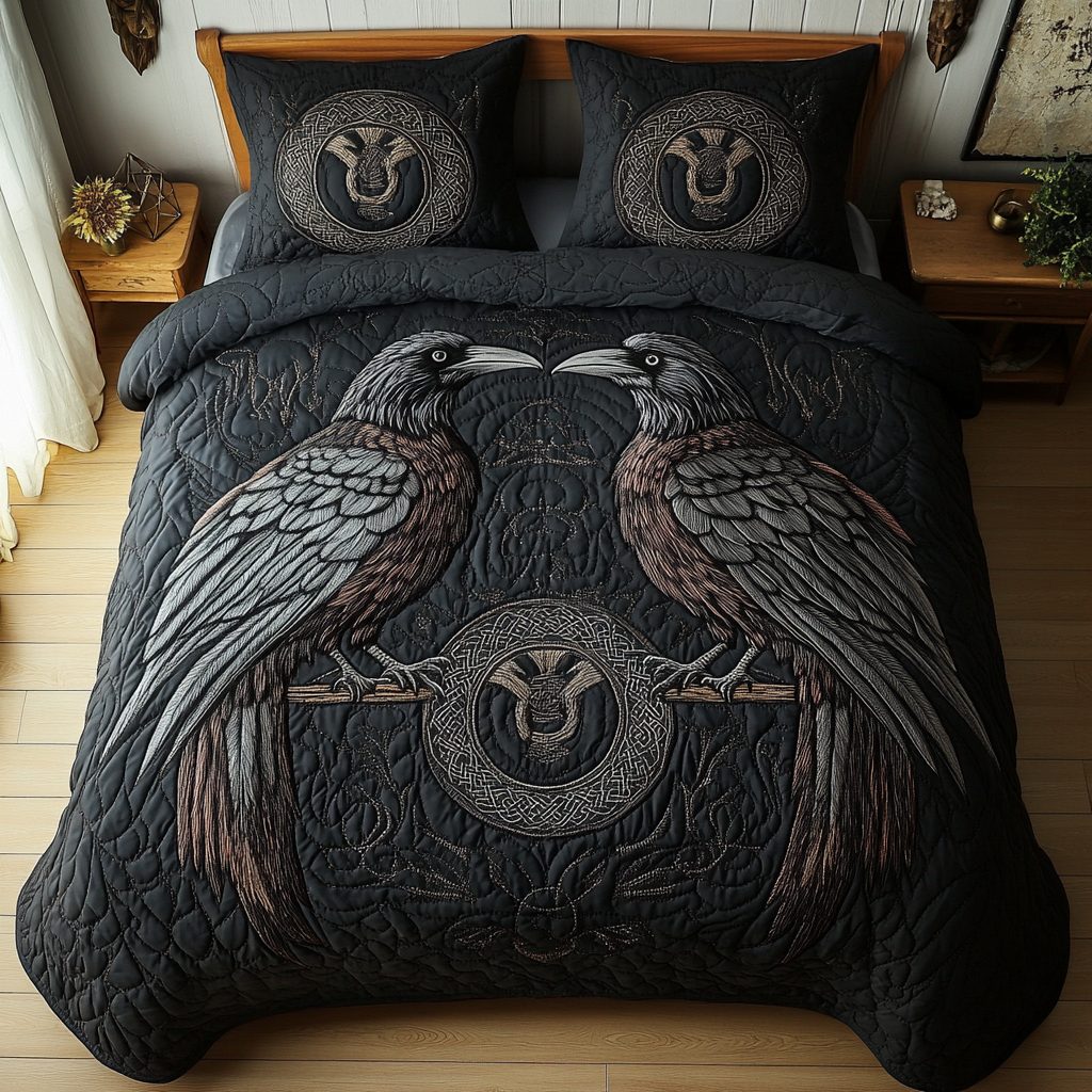 Silent Omen quilted 3-piece bedding set on a made bed with two matching pillow shams