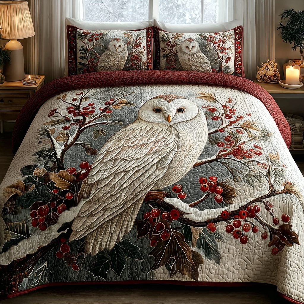 Silent Owl quilted 3-piece bedding set on a made bed with two matching pillow shams